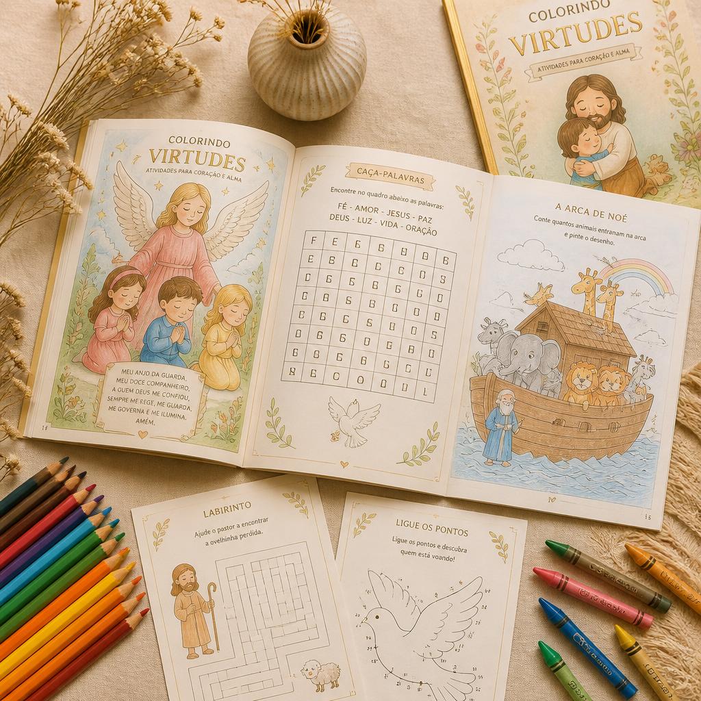 Livro Colorindo Virtudes aberto com páginas para colorir do Evangelho